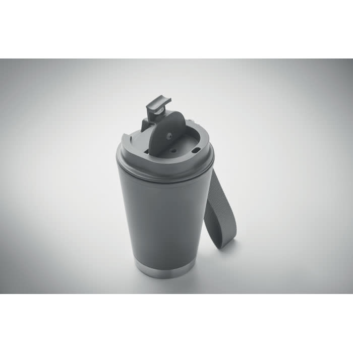 A drink bottle in dark grey with a secure lid and a handle for easy carrying. It features a logo on its surface.