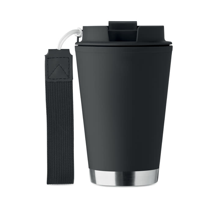 A drink bottle in matte black with a silver bottom and a black strap for easy carrying.