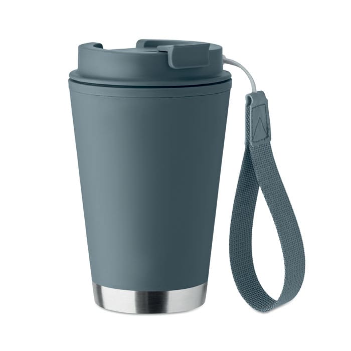 A drink bottle in a dark grey colour with a stainless steel base and a silicone strap for easy carrying.