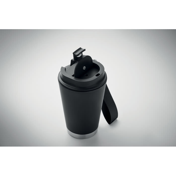 A drink bottle in black with a silver base and a removable lid featuring a handle. It has a logo on the side.