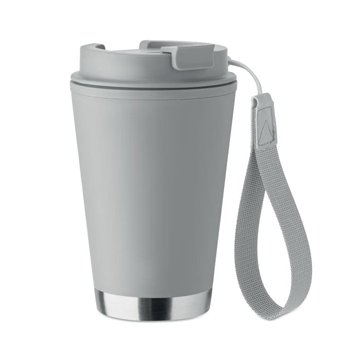 A grey drink bottle with a metallic bottom and a strap, featuring a secure lid.