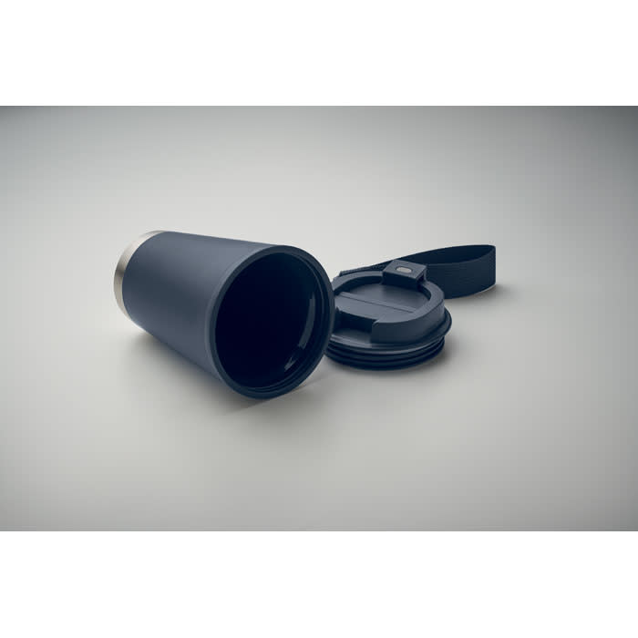 A drink bottle in navy blue with a removable dark lid and a wrist strap. It has a sleek, modern design.