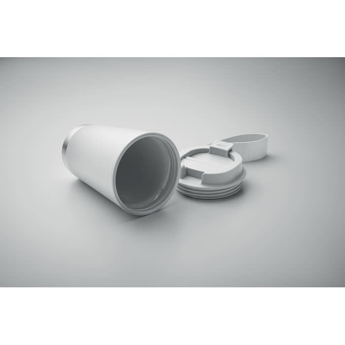 A drink bottle in white, featuring a removable lid and a screw-on cap. It includes a logo on the surface.