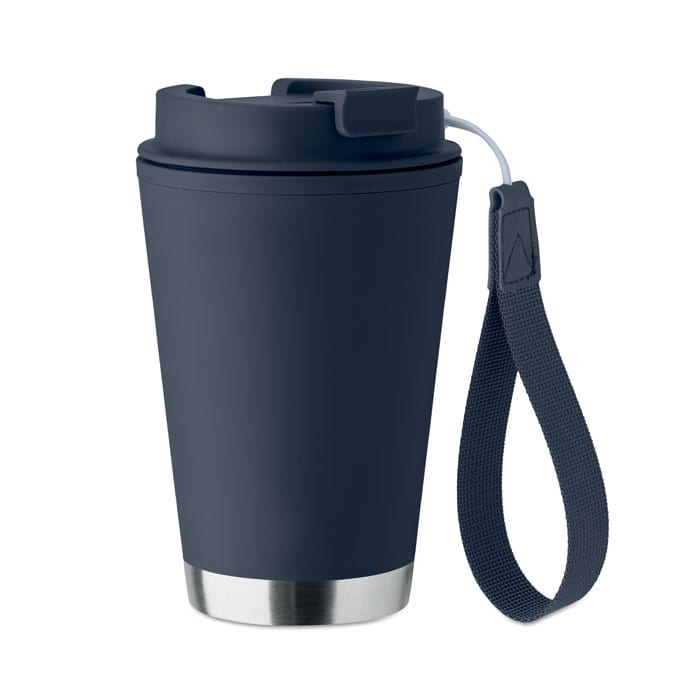 A drink bottle in navy blue with a stainless steel base and a fabric carrying strap attached. It features a logo.