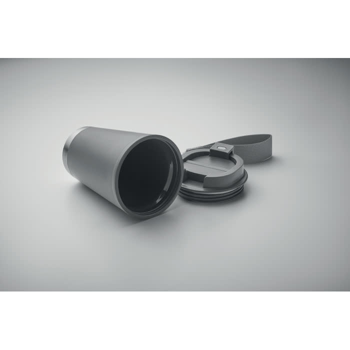 A drink bottle in grey with a removable lid and a carrying strap. Features a sleek, modern design.