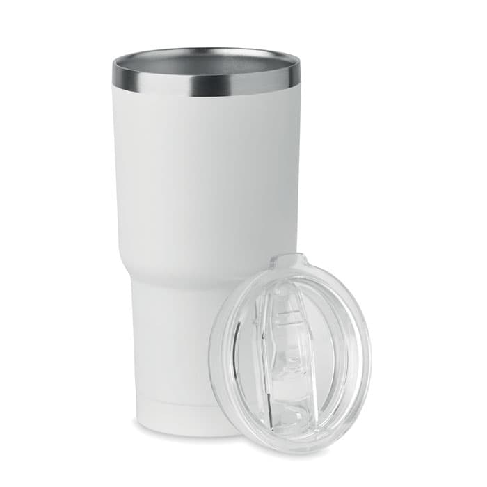 A white drink bottle with a stainless steel rim and a clear plastic lid. It features a logo.