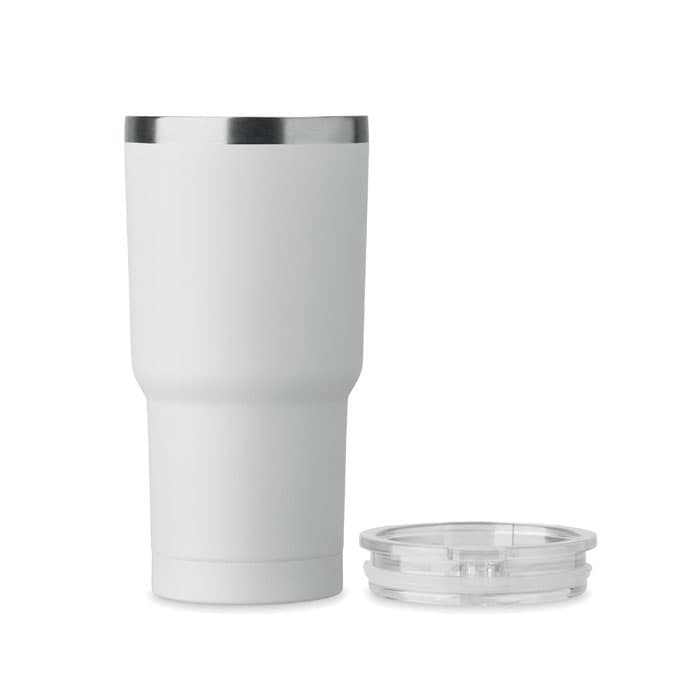 A drink bottle in matte white with a stainless steel rim, accompanied by a transparent lid.
