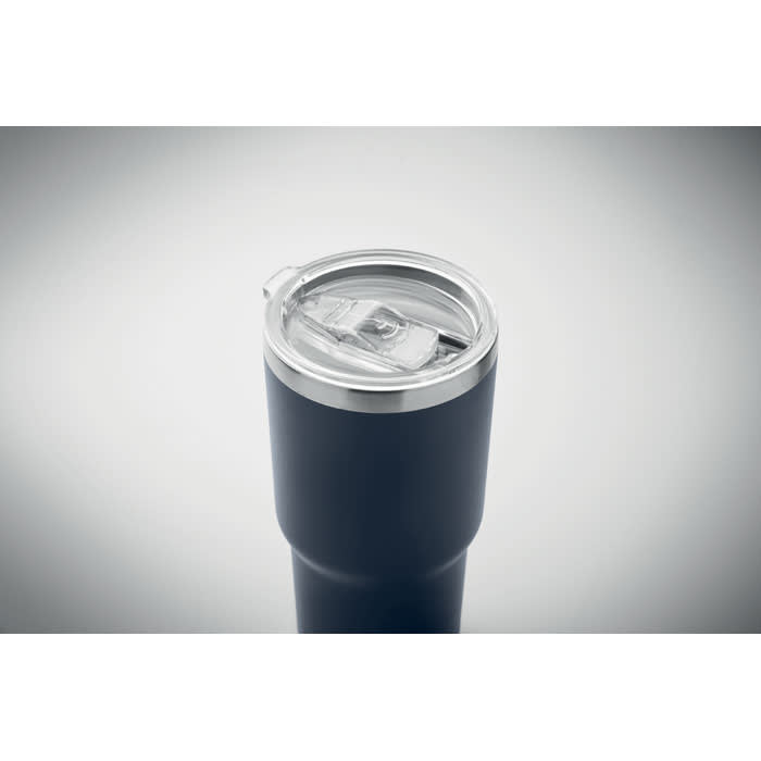 A drink bottle in dark blue with a stainless steel lid and a transparent opening. It features a logo on the surface.
