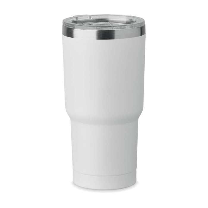 A drink bottle in white with a silver lid and a wide base, featuring a locking lid for easy use.