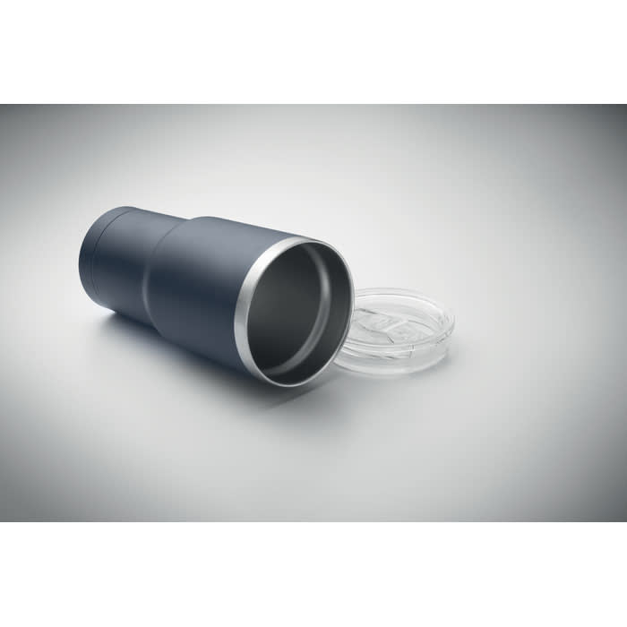 A drink bottle in navy blue with a silver rim, accompanied by a clear lid.