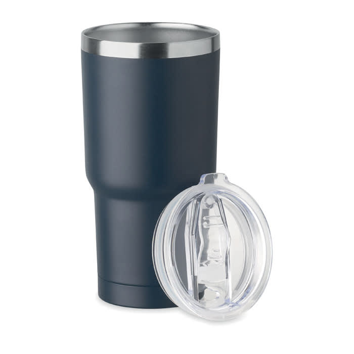 A drink bottle in navy blue with a stainless steel rim and a clear lid nearby.