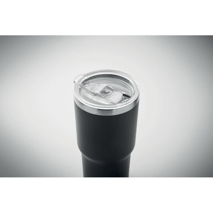 A drink bottle featuring a black body and a clear, transparent lid with a sliding opening mechanism.