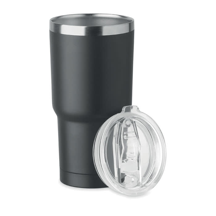 A drink bottle in matte black with a stainless steel rim and a clear lid. It features a logo on the side.