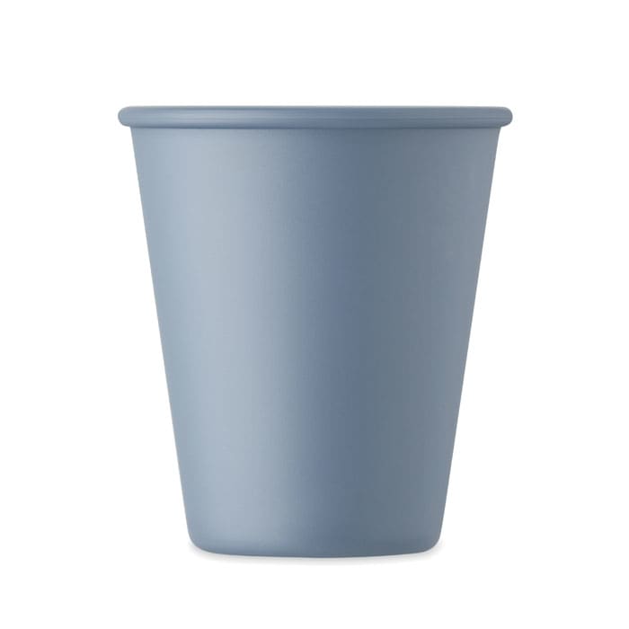 A drink bottle in soft blue with a rounded shape and smooth finish; features a minimalistic design.