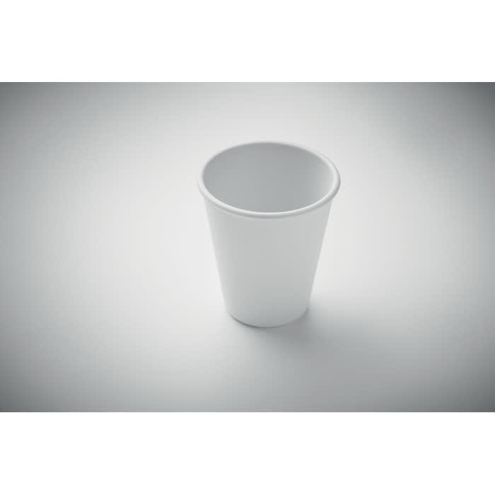 A white cup with a smooth surface, featuring a simple design and no visible branding.