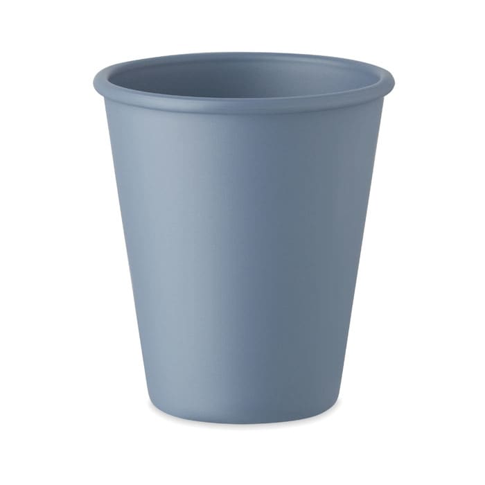 A blue drink bottle with a simple, rounded design. It features a logo on the surface.