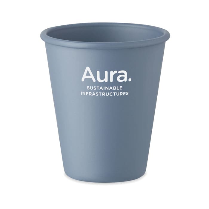 A drink bottle in a matte grey colour with a round shape and a logo displayed on the side.