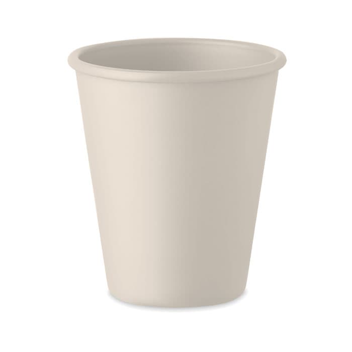 A drink bottle in a neutral cream colour with a tapered design and a smooth finish. Includes a logo.