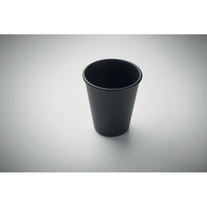 A drink bottle in matte black, featuring a smooth finish and a simple, sleek design. It has a logo on the side.