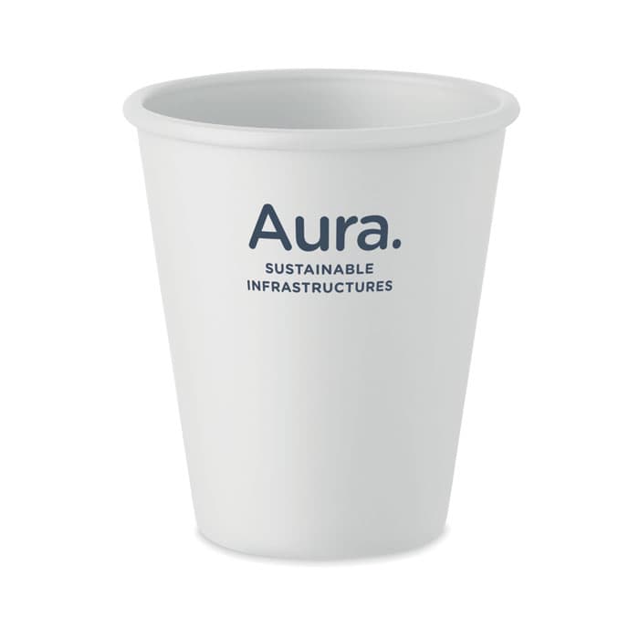 A drink bottle in white with a branding logo, featuring text related to sustainable infrastructures.