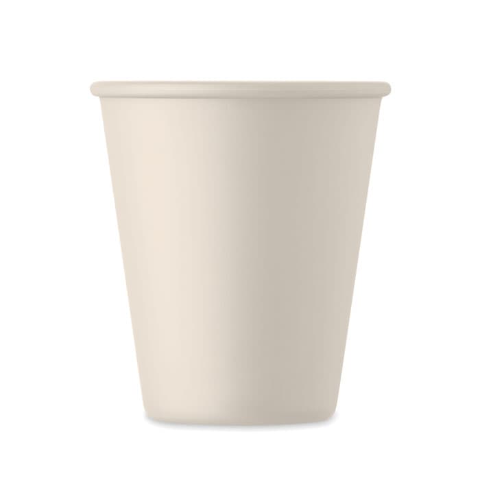 A drink bottle in a neutral beige colour, featuring a smooth surface and a simple design. It has a logo on the side.
