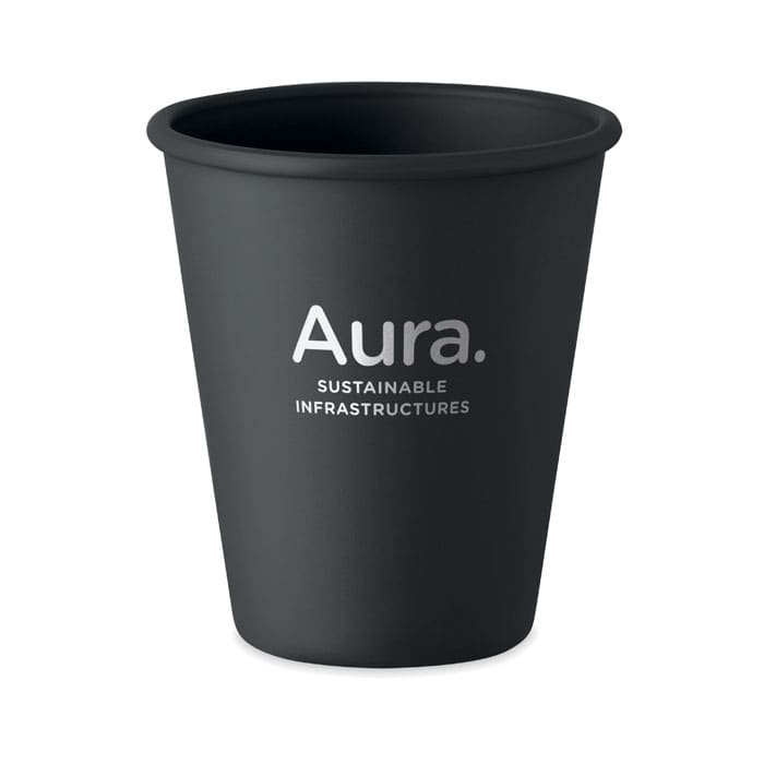 A drink bottle in matte black with a logo, featuring a smooth, cylindrical design.