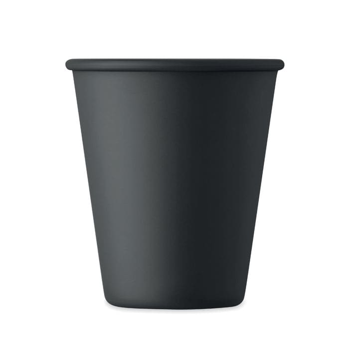 A drink bottle in a matte black finish with a simple, modern design and a rounded shape. It has a logo.