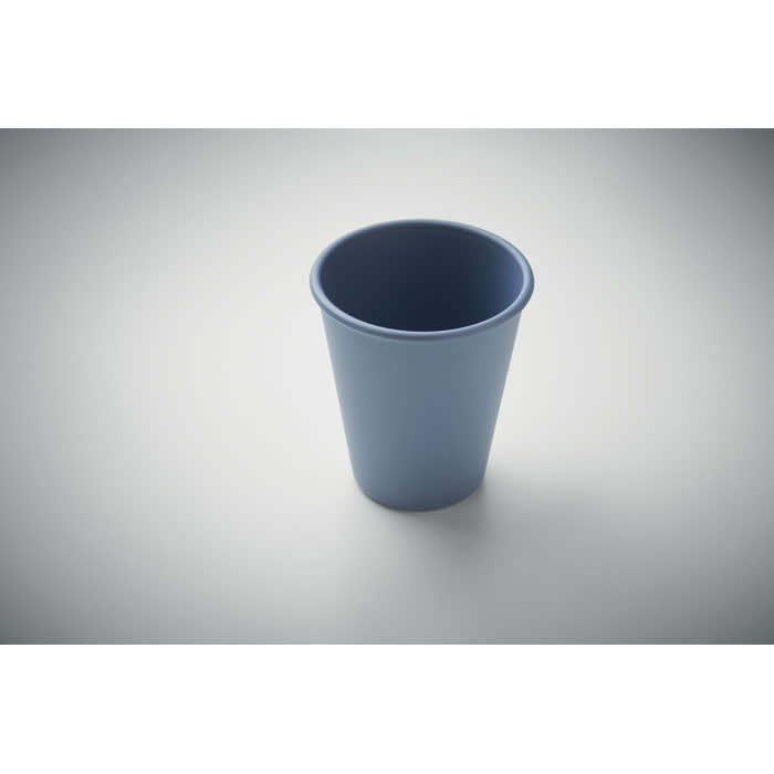 A drink bottle in a light blue colour with a rounded design and a smooth finish. It features a logo.