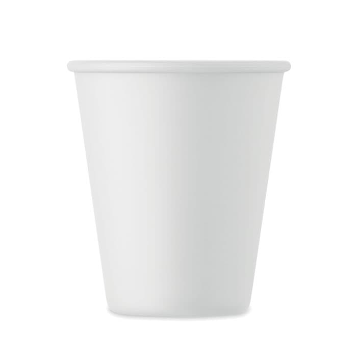 A drink bottle in a classic white design with a tapered shape. It features a logo on the surface.