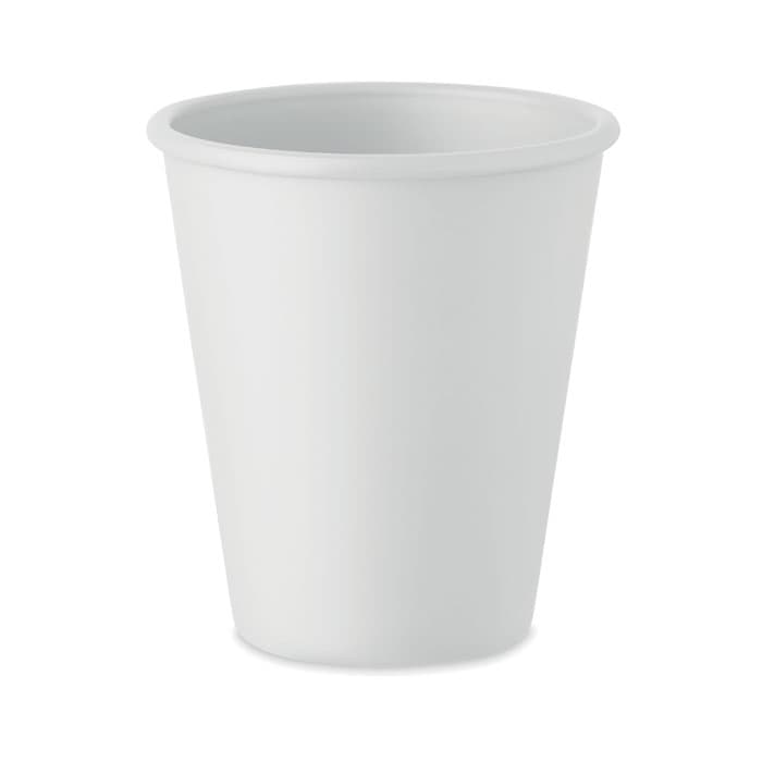 A white cup with a conical shape, featuring a smooth exterior and no visible branding.