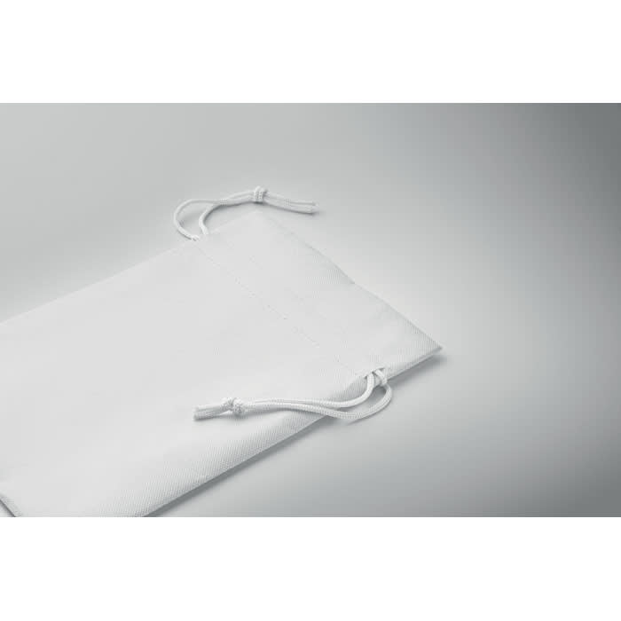 A white drawstring pouch with two fastening ties, resting on a light grey surface.