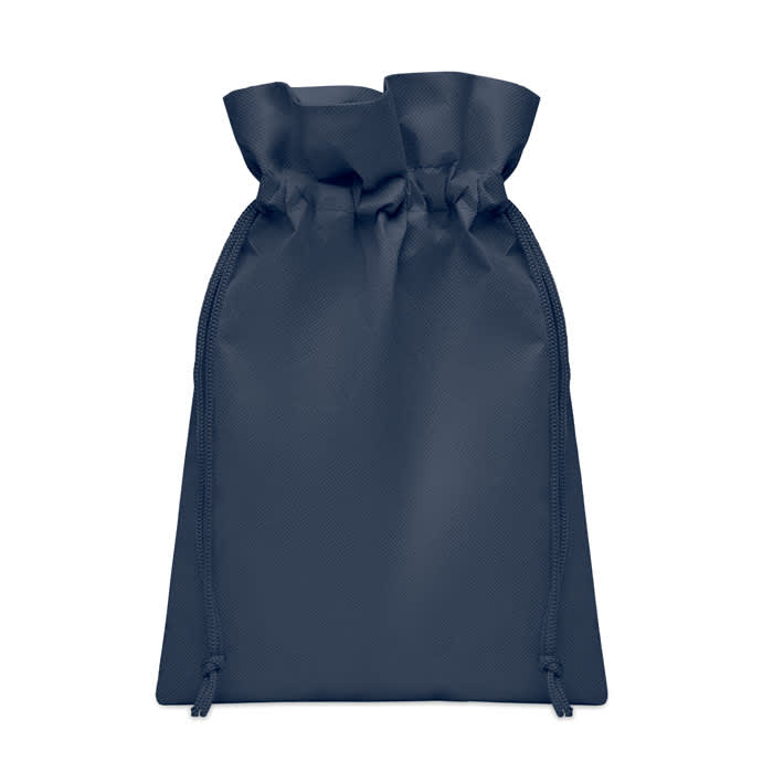A navy drawstring pouch with a gathered top, designed for secure storage and portability. Features a logo.