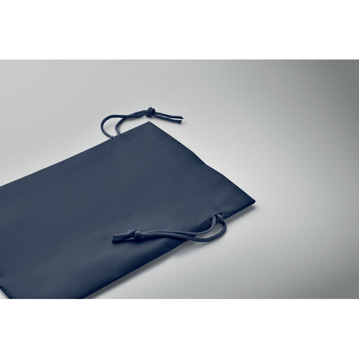 A navy drawstring pouch with two tied cords, set against a grey background.