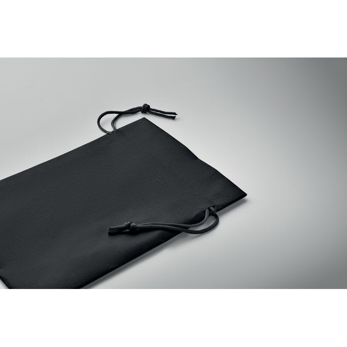 A black pouch with a drawstring closure, featuring a smooth texture and simple design.