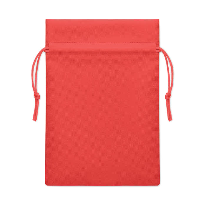 A red drawstring pouch with a smooth texture and tied ends. It has a simple, unembellished design.