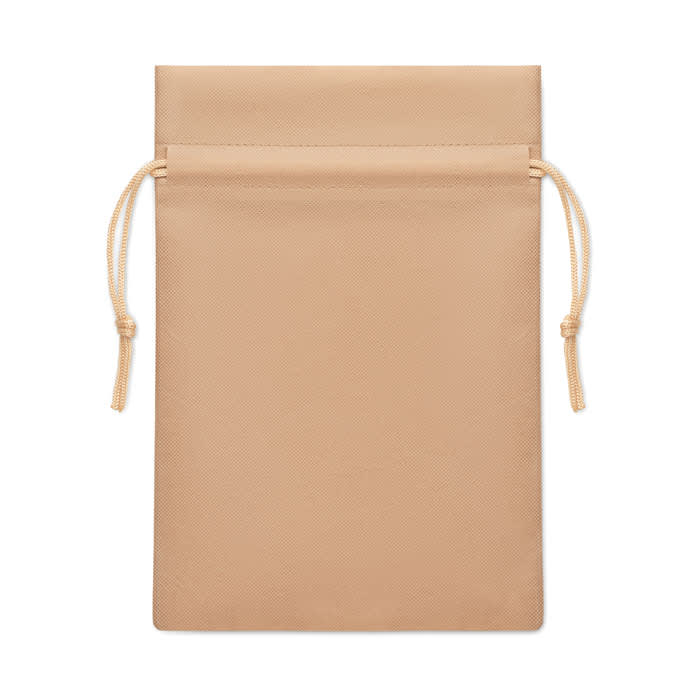 A beige drawstring pouch with a smooth finish, featuring a simple design and ties at the top.