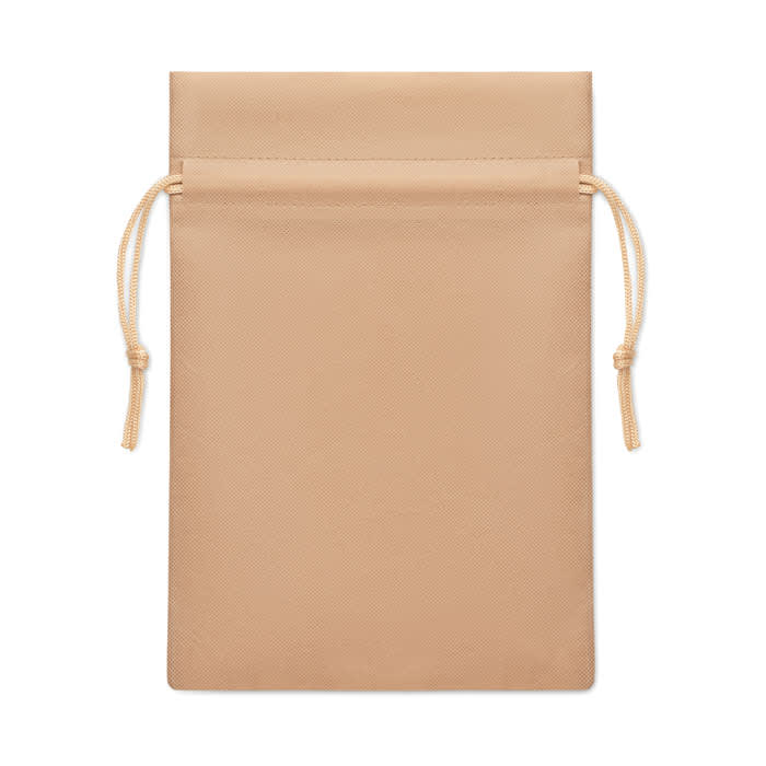 A beige drawstring pouch with a smooth texture and ties at the top. It has a simple, solid colour design.