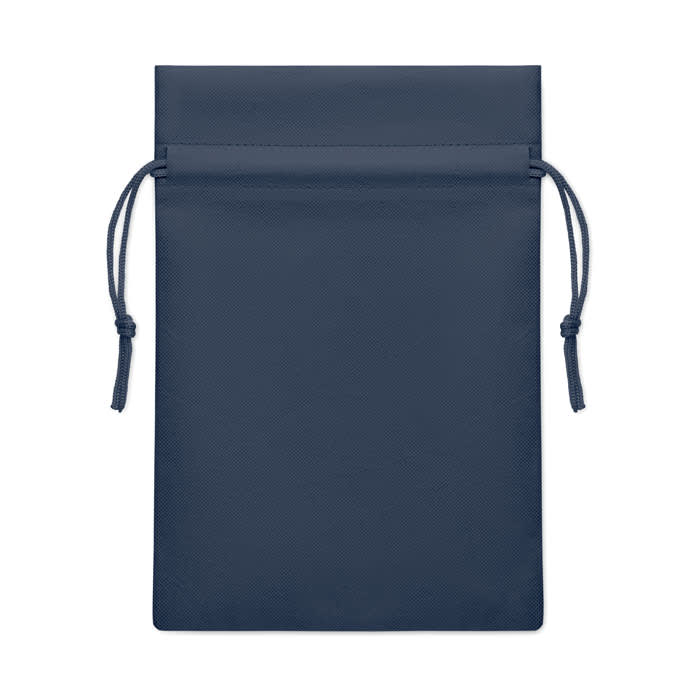 A navy drawstring pouch with a smooth surface and tassel closures on the top. It features a simple design and no visible logos.