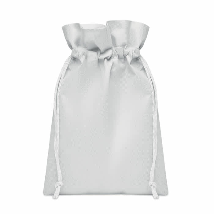 A drawstring bag in a light grey colour, featuring white ties at the top. The bag has a smooth finish.