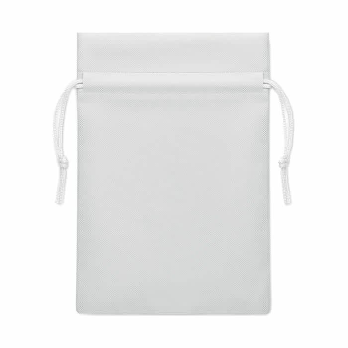 A white drawstring pouch with a smooth finish and a tightened closure at the top.