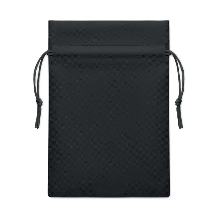 A black drawstring pouch with a smooth texture and two cords for closure. It has no visible logos or branding.