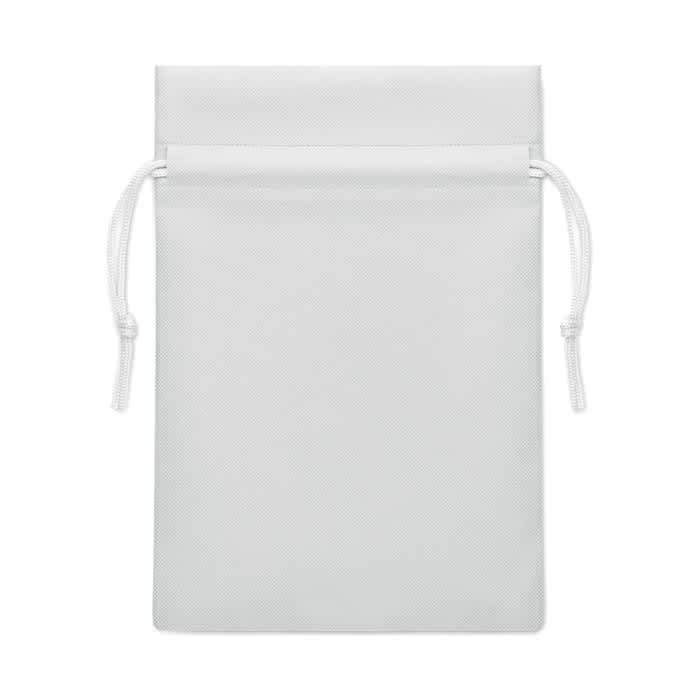 A white drawstring pouch with a smooth finish and cinch closure, featuring a simple design.