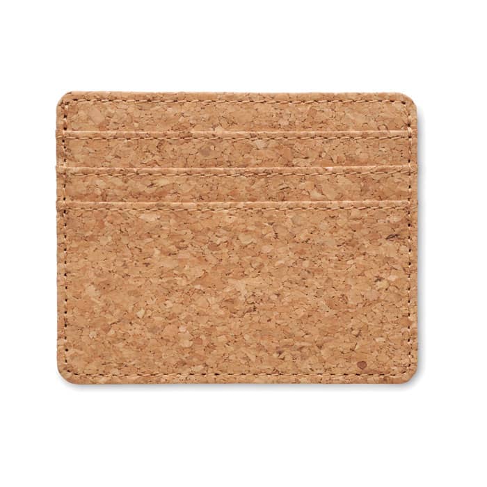 A cork cardholder featuring multiple slots for cards, showcasing a natural cork texture.