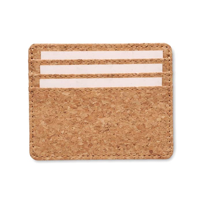 A card holder made of natural cork, featuring three slots for cards and a minimalist design.