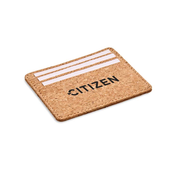 A cork card holder with three slots for cards and a logo, showcasing a natural textured appearance.