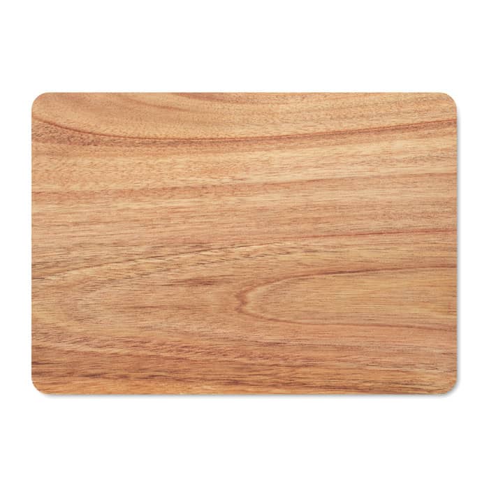 A wooden plate with a smooth, natural finish, featuring warm, brown tones and a subtle grain pattern.