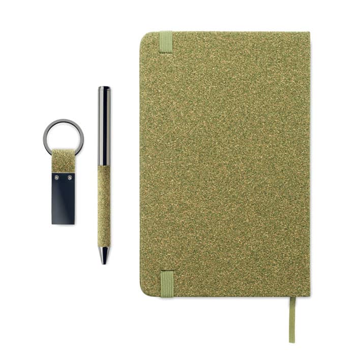 A green stationery set featuring a notebook, pen, and keyring, all with a textured finish.