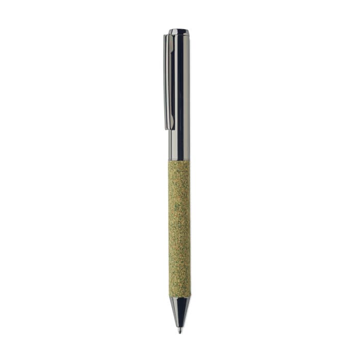 A pen with a shiny silver clip, featuring a green textured barrel and a smooth writing tip.