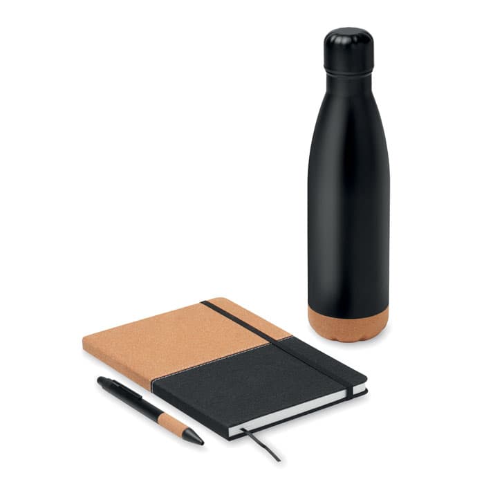 A drink bottle in black, a notebook with a brown and black cover, and a black pen. The items are neatly arranged together.