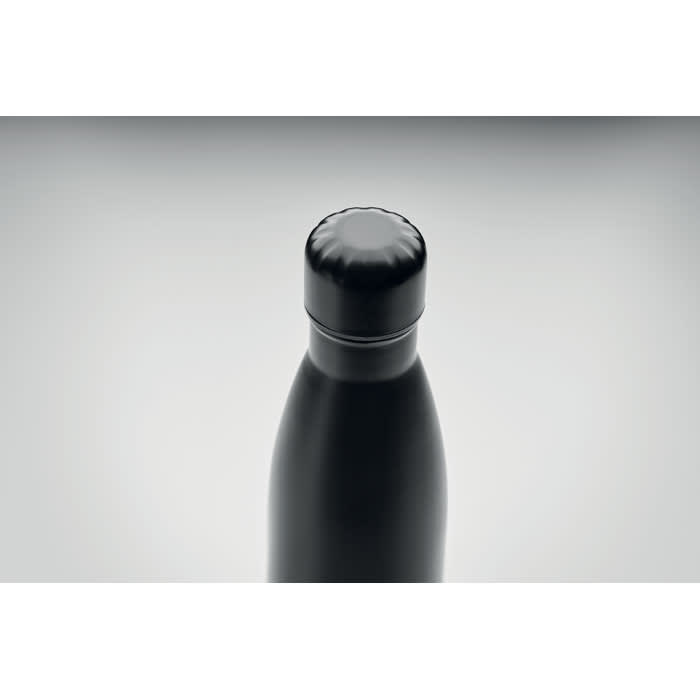 A drink bottle in sleek black with a rounded lid, featuring a minimalist design and a logo.